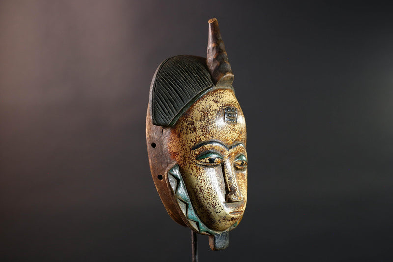 African Baule mask portrait tribal face carving ivory coast spiritual wall art geometric crest decor mblo style african sculpture G5464