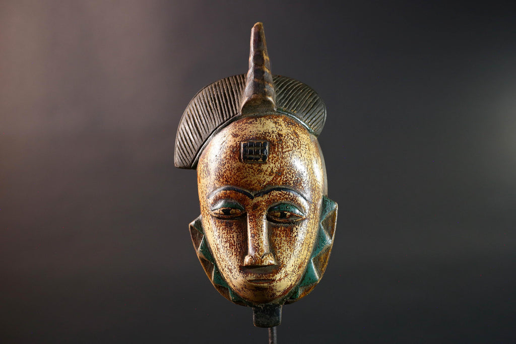 African Baule mask portrait tribal face carving ivory coast spiritual wall art geometric crest decor mblo style african sculpture G5464