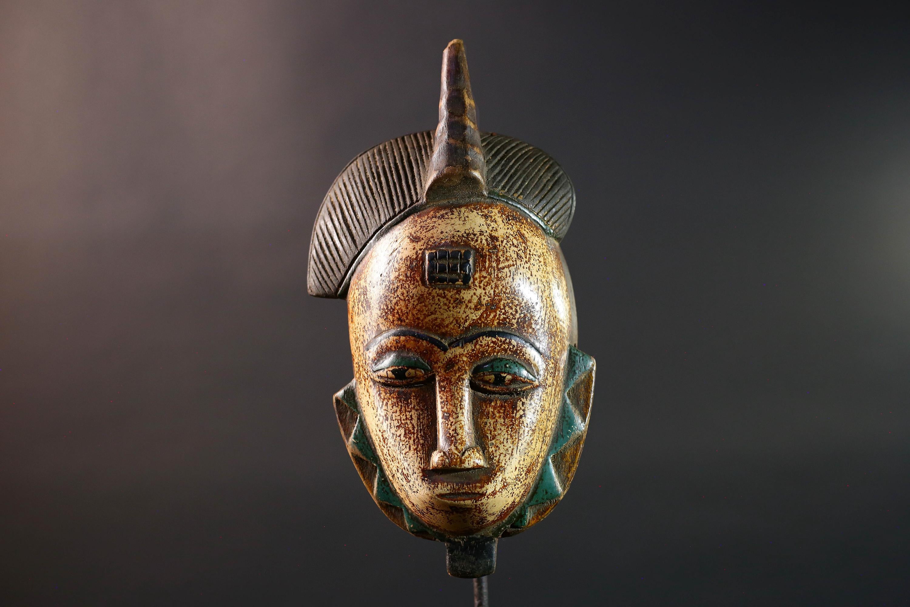 African Baule mask portrait tribal face carving ivory coast spiritual wall art geometric crest decor mblo style african sculpture G5464
