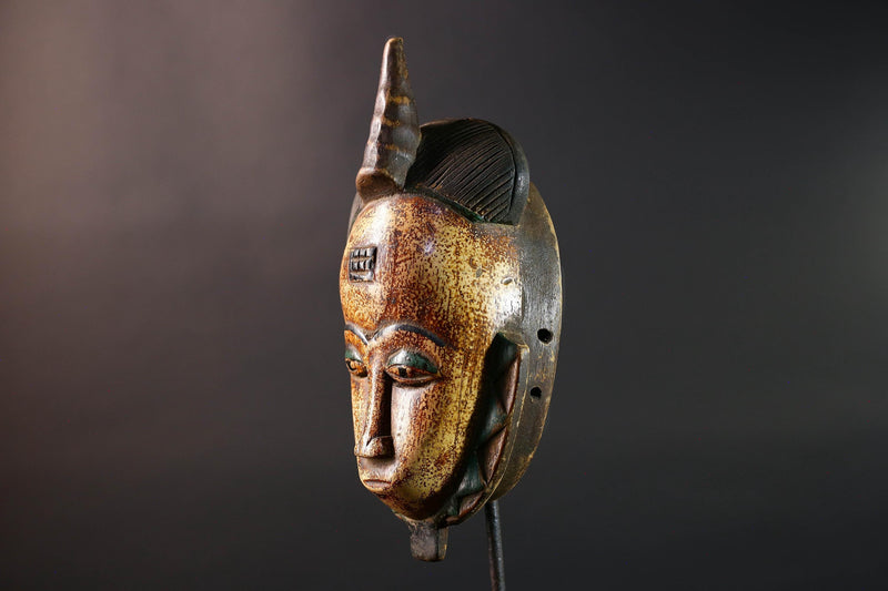 African Baule mask portrait tribal face carving ivory coast spiritual wall art geometric crest decor mblo style african sculpture G5464