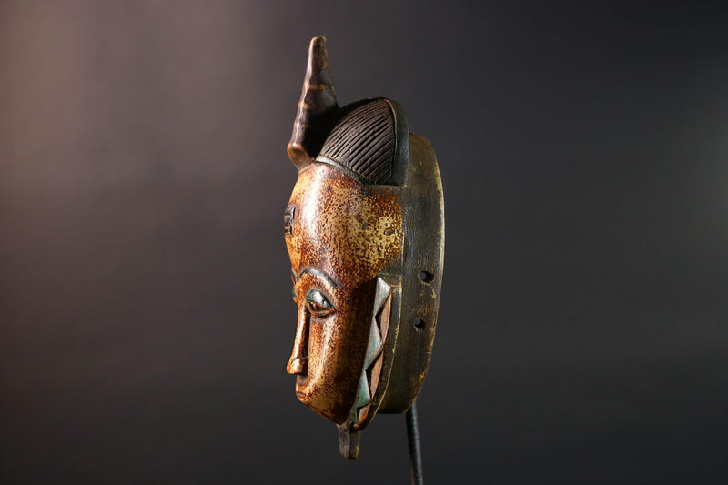 African Baule mask portrait tribal face carving ivory coast spiritual wall art geometric crest decor mblo style african sculpture G5464