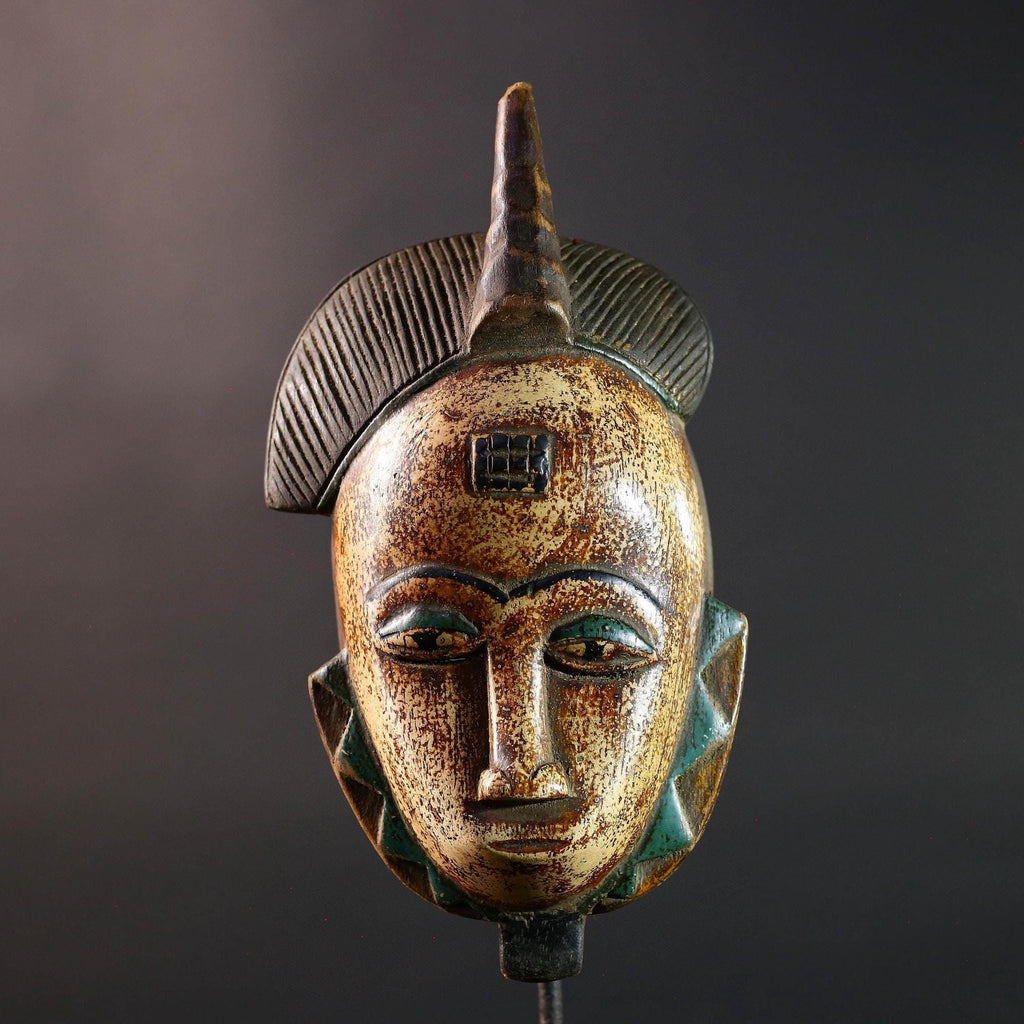 African Baule mask portrait tribal face carving ivory coast spiritual wall art geometric crest decor mblo style african sculpture G5464