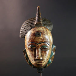 African Baule mask portrait tribal face carving ivory coast spiritual wall art geometric crest decor mblo style african sculpture G5464