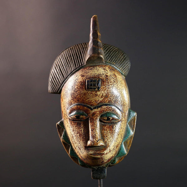 African Baule mask portrait tribal face carving ivory coast spiritual wall art geometric crest decor mblo style african sculpture G5464