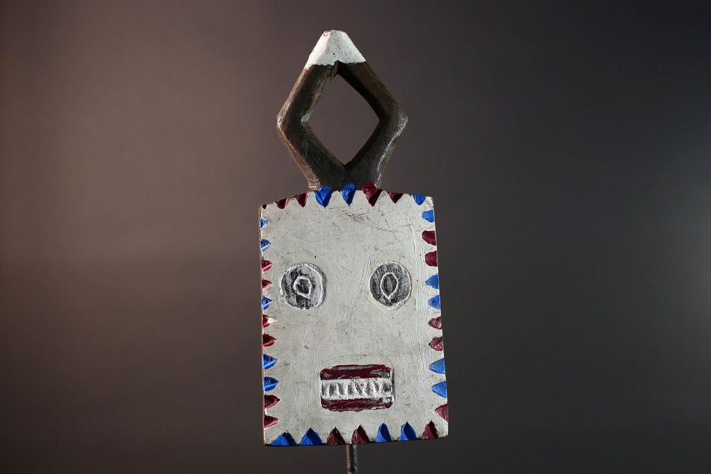 African wall mask Bwa tribal art wood face sculpture from Burkina Faso painted red blue white plank spirit mask with geometric crest G5468