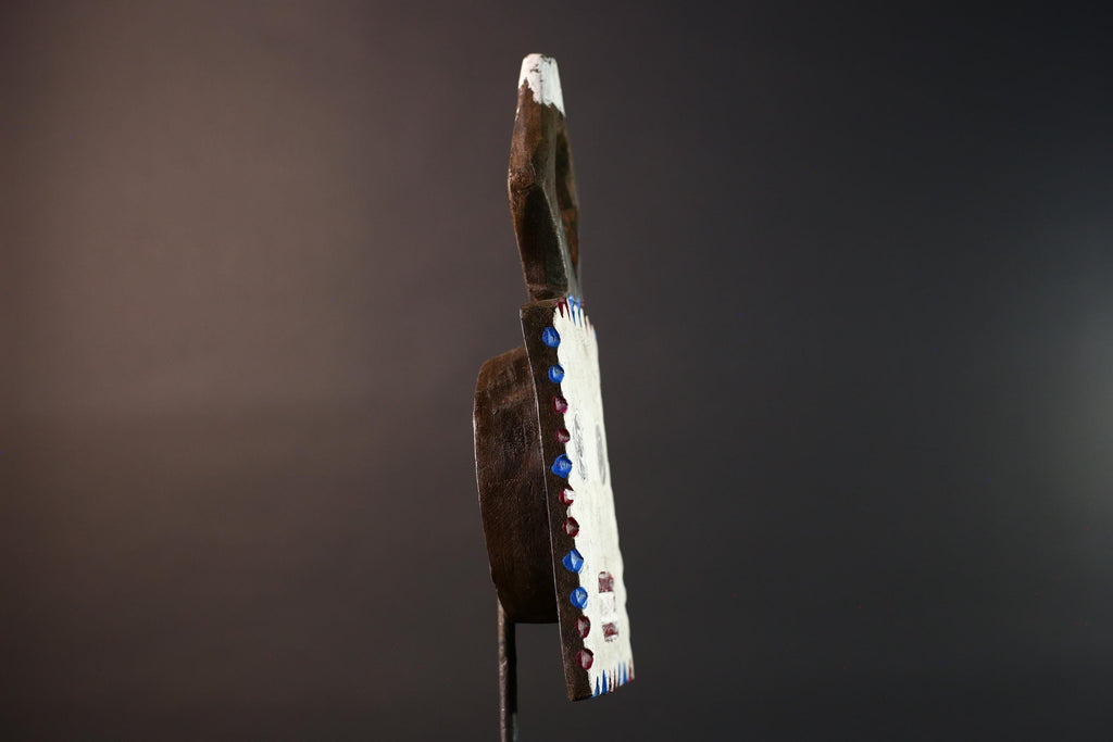 African wall mask Bwa tribal art wood face sculpture from Burkina Faso painted red blue white plank spirit mask with geometric crest G5468