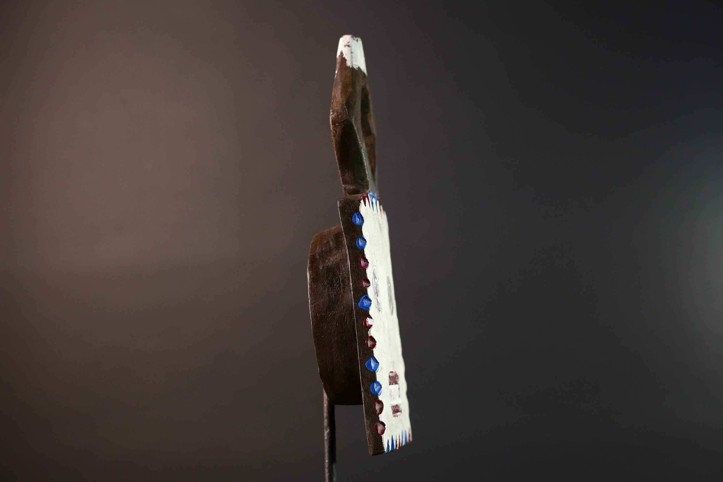 African wall mask Bwa tribal art wood face sculpture from Burkina Faso painted red blue white plank spirit mask with geometric crest G5468
