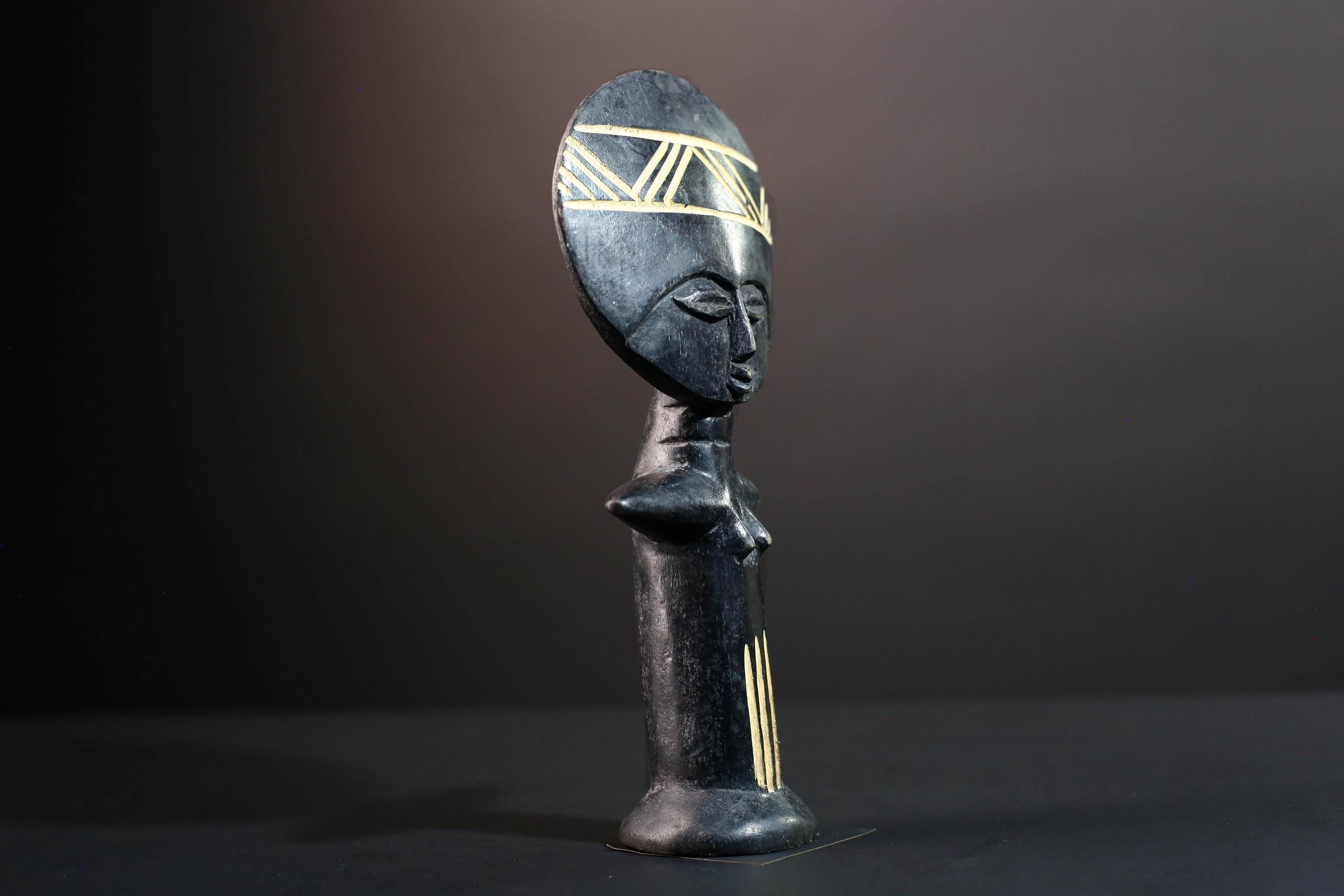 African fertility doll Ashanti Akuaba figure hand carved wood statue from Ghana traditional tribal art with symbolic geometric detail G5469