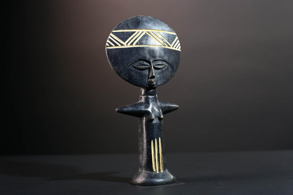 African fertility doll Ashanti Akuaba figure hand carved wood statue from Ghana traditional tribal art with symbolic geometric detail G5469
