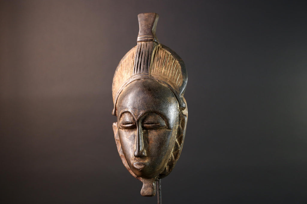 African Baule mask tribal carved wood face art from Ivory Coast traditional scarification and hairstyle design ceremonial wall decor G5470