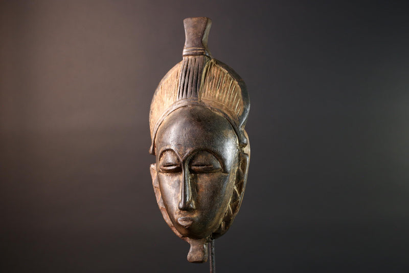 African Baule mask tribal carved wood face art from Ivory Coast traditional scarification and hairstyle design ceremonial wall decor G5470
