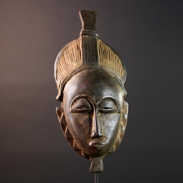 African Baule mask tribal carved wood face art from Ivory Coast traditional scarification and hairstyle design ceremonial wall decor G5470