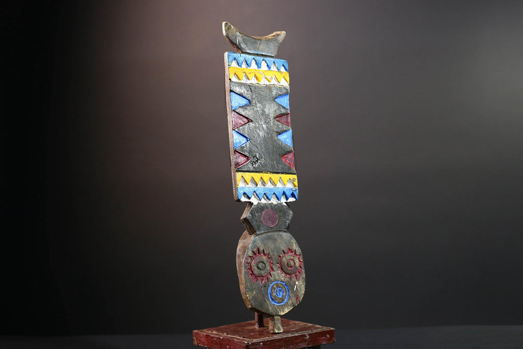 African tribal wall mask bwa plank art handcarved wood sculpture colorful geometric decor from burkina faso west africa G5473