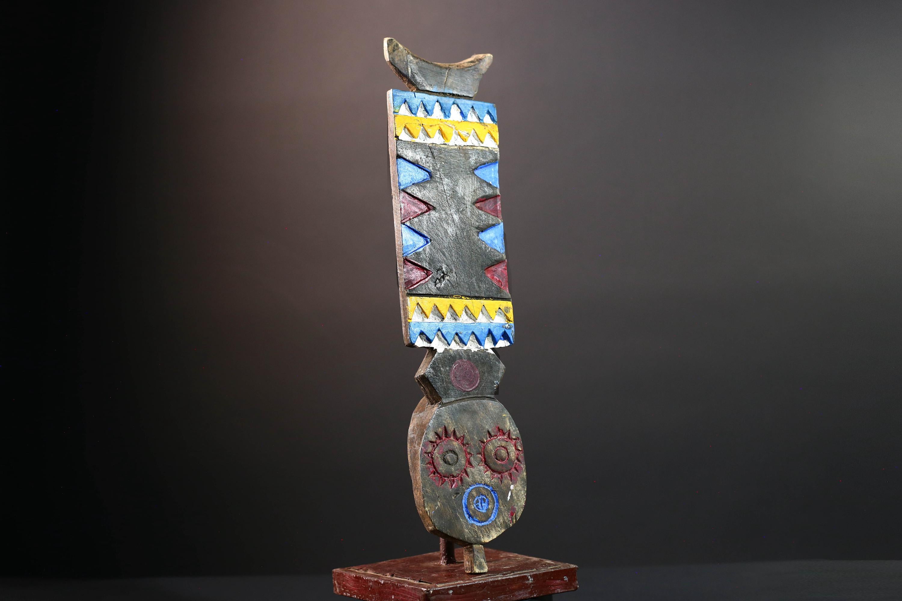 African tribal wall mask bwa plank art handcarved wood sculpture colorful geometric decor from burkina faso west africa G5473