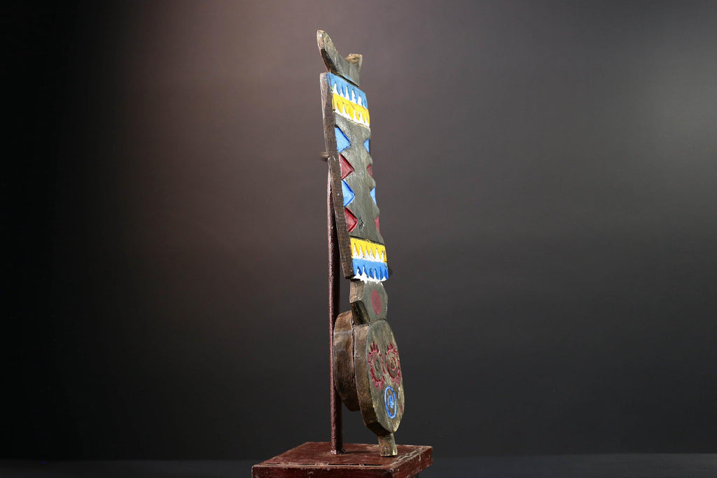 African tribal wall mask bwa plank art handcarved wood sculpture colorful geometric decor from burkina faso west africa G5473