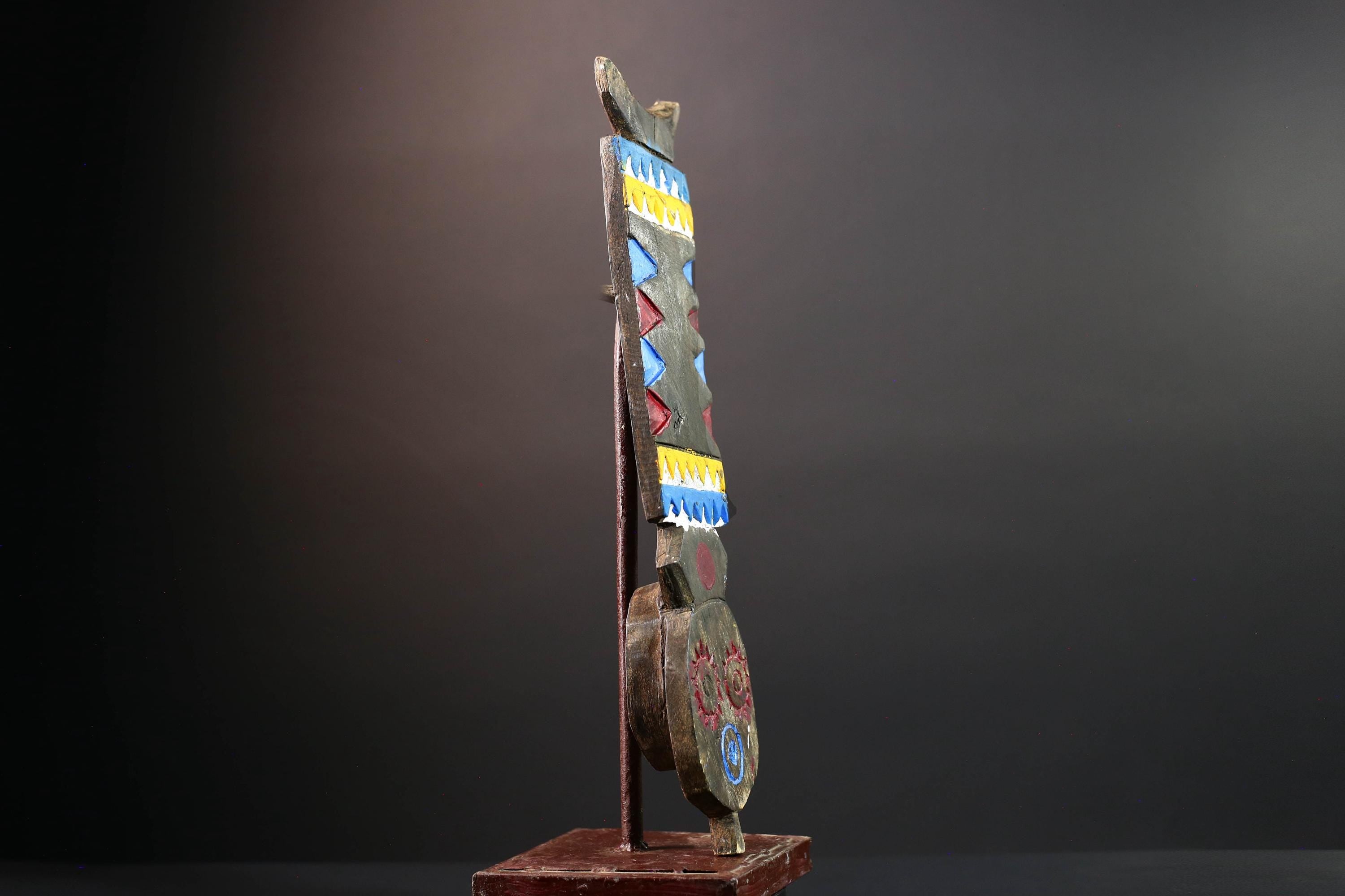 African tribal wall mask bwa plank art handcarved wood sculpture colorful geometric decor from burkina faso west africa G5473