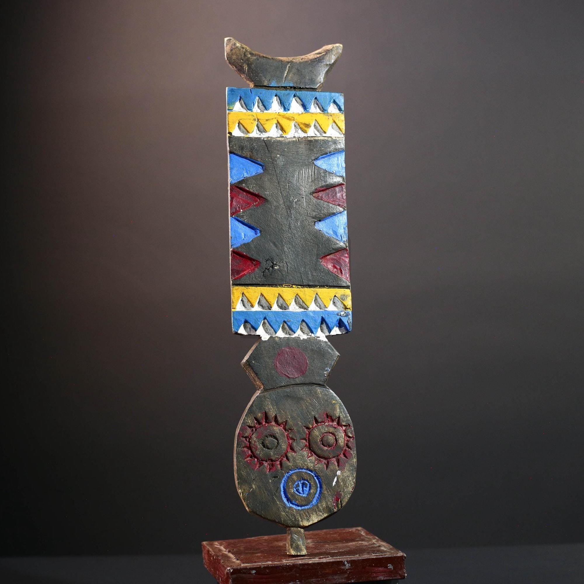 African tribal wall mask bwa plank art handcarved wood sculpture colorful geometric decor from burkina faso west africa G5473