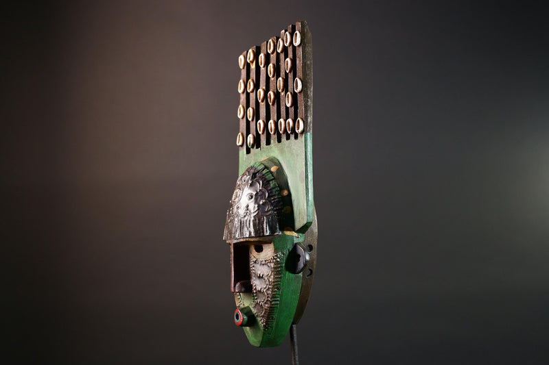 African wood mask Bwoom tribal face art with green paint cowrie crest and engraved features carved ceremonial wall sculpture decor G5567
