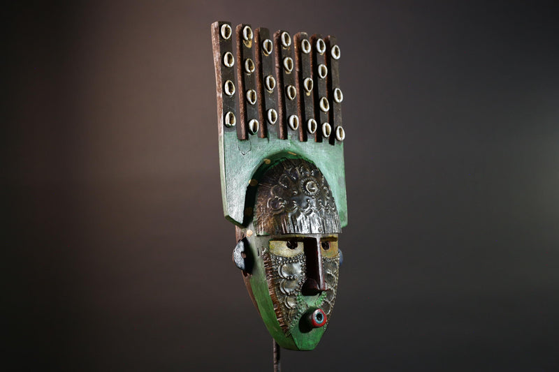 African wood mask Bwoom tribal face art with green paint cowrie crest and engraved features carved ceremonial wall sculpture decor G5567