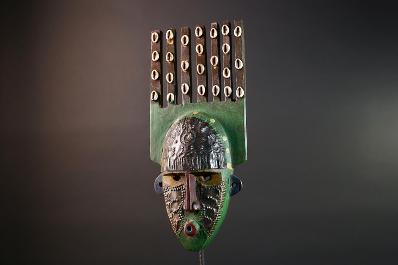 African wood mask Bwoom tribal face art with green paint cowrie crest and engraved features carved ceremonial wall sculpture decor G5567