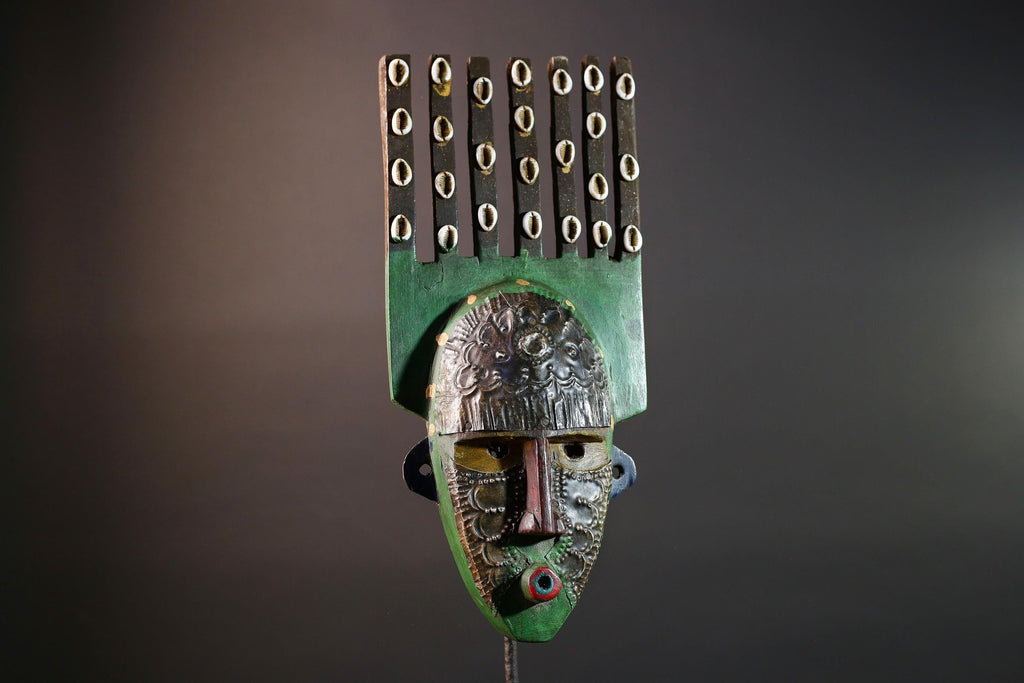African wood mask Bwoom tribal face art with green paint cowrie crest and engraved features carved ceremonial wall sculpture decor G5567