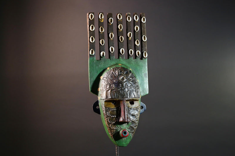 African wood mask Bwoom tribal face art with green paint cowrie crest and engraved features carved ceremonial wall sculpture decor G5567
