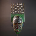 African wood mask Bwoom tribal face art with green paint cowrie crest and engraved features carved ceremonial wall sculpture decor G5567
