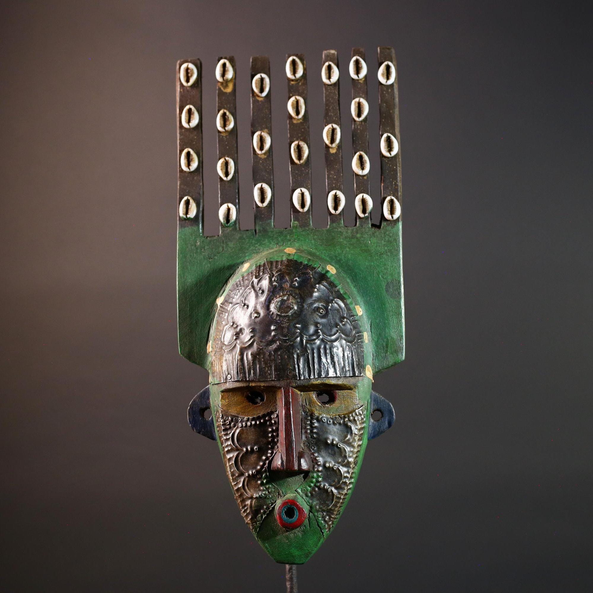 African wood mask Bwoom tribal face art with green paint cowrie crest and engraved features carved ceremonial wall sculpture decor G5567