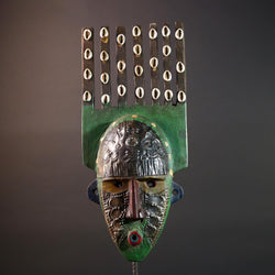 African wood mask Bwoom tribal face art with green paint cowrie crest and engraved features carved ceremonial wall sculpture decor G5567