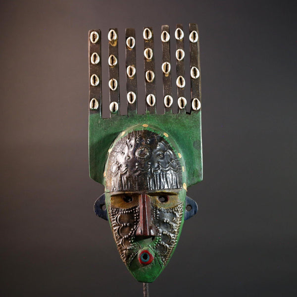 African wood mask Bwoom tribal face art with green paint cowrie crest and engraved features carved ceremonial wall sculpture decor G5567
