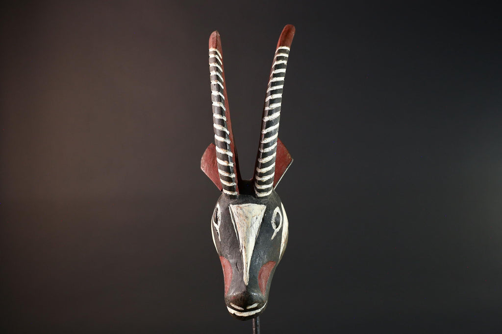 African antelope mask tribal animal head with striped horn and red black white painted wood Bobo Bamana style wall decor sculpture G5568