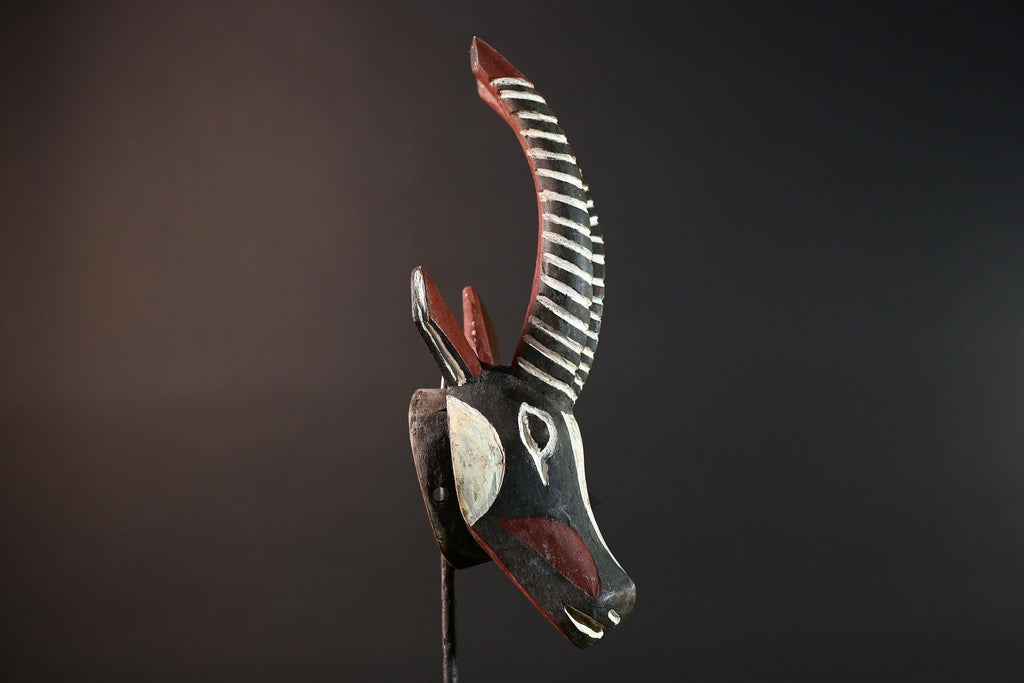 African antelope mask tribal animal head with striped horn and red black white painted wood Bobo Bamana style wall decor sculpture G5568