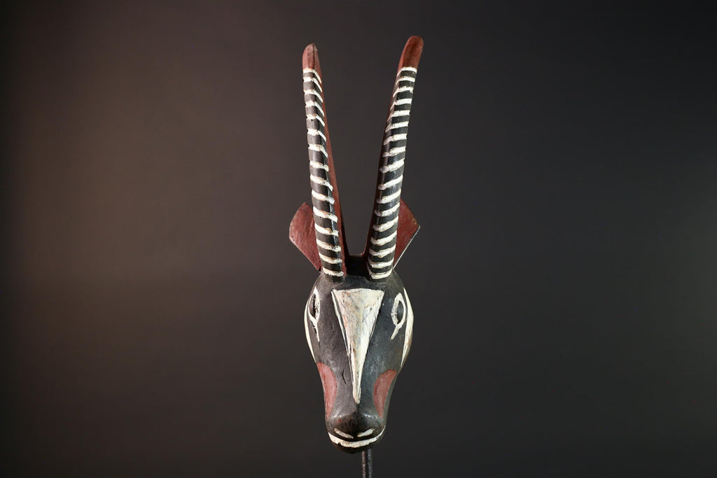 African antelope mask tribal animal head with striped horn and red black white painted wood Bobo Bamana style wall decor sculpture G5568