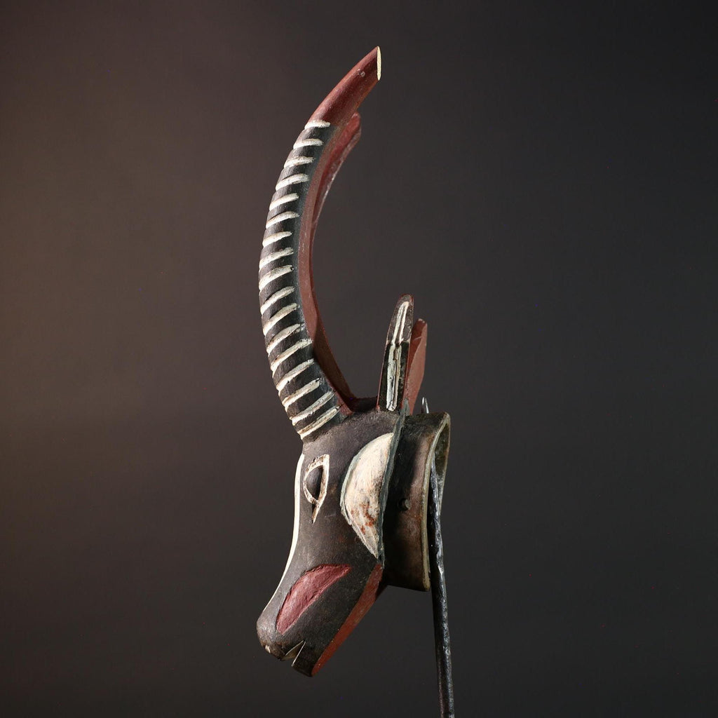 African antelope mask tribal animal head with striped horn and red black white painted wood Bobo Bamana style wall decor sculpture G5568