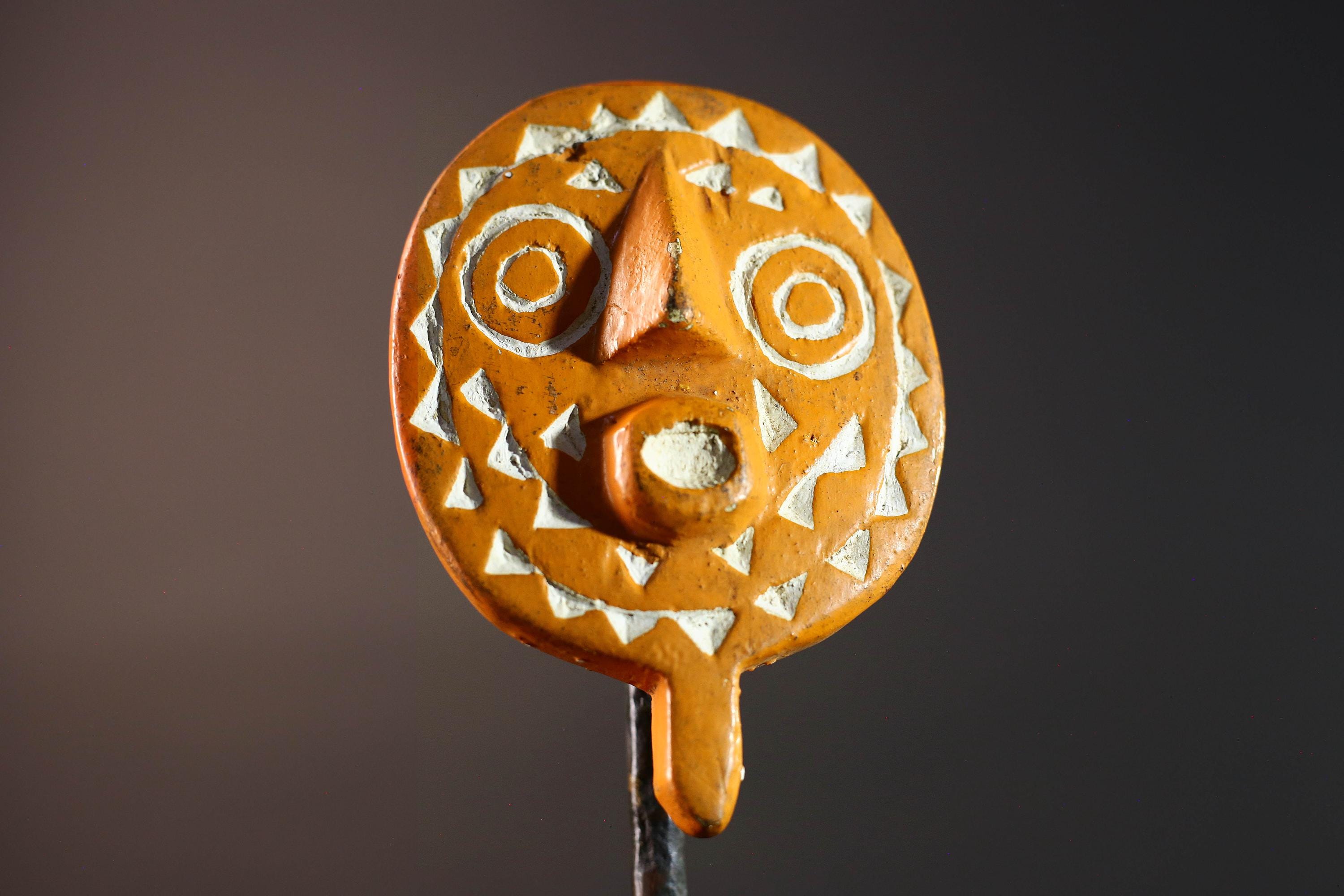 African sun mask wall art tribal bwa face carving geometric wood decor spiritual-G5474