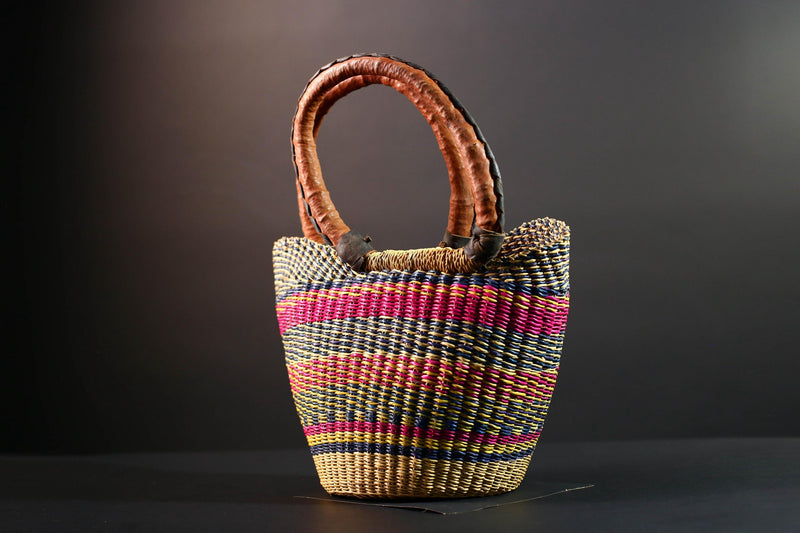 ghana bolga basket market tote handmade woven bag straw african shopping storage decor leather handle vibrant colorful G5477