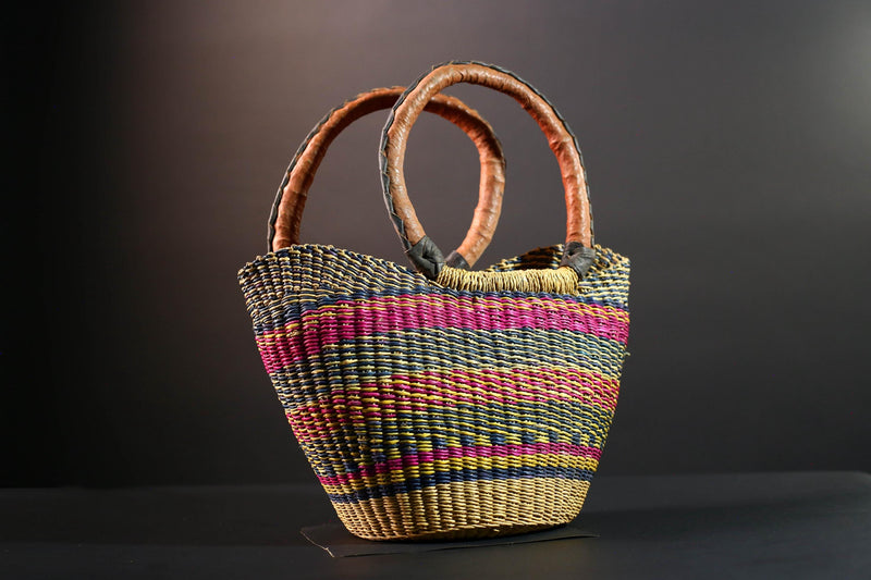 ghana bolga basket market tote handmade woven bag straw african shopping storage decor leather handle vibrant colorful G5477