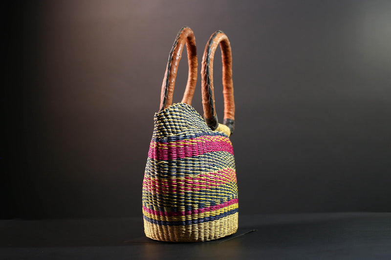 ghana bolga basket market tote handmade woven bag straw african shopping storage decor leather handle vibrant colorful G5477