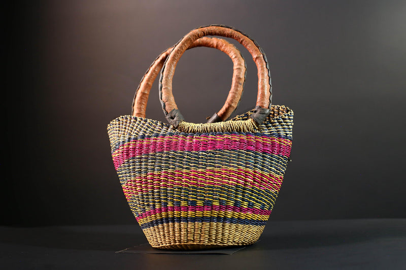 ghana bolga basket market tote handmade woven bag straw african shopping storage decor leather handle vibrant colorful G5477