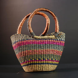 ghana bolga basket market tote handmade woven bag straw african shopping storage decor leather handle vibrant colorful G5477