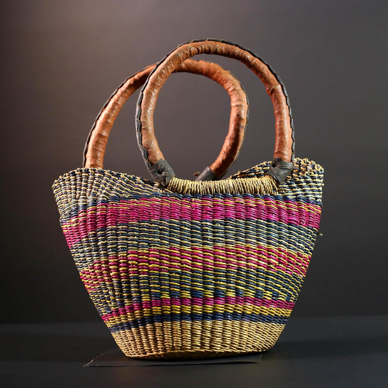 ghana bolga basket market tote handmade woven bag straw african shopping storage decor leather handle vibrant colorful G5477