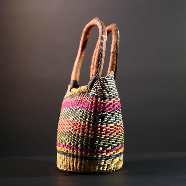 ghana bolga basket market tote handmade woven bag straw african shopping storage decor leather handle vibrant colorful G5477