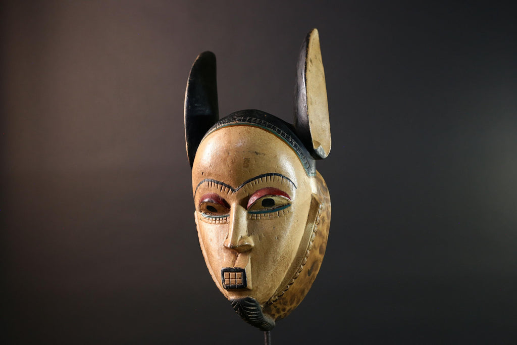 African mask Kwele tribal wall decor with curved horns carved face art collectible home accent heart shaped portrait carving G5571