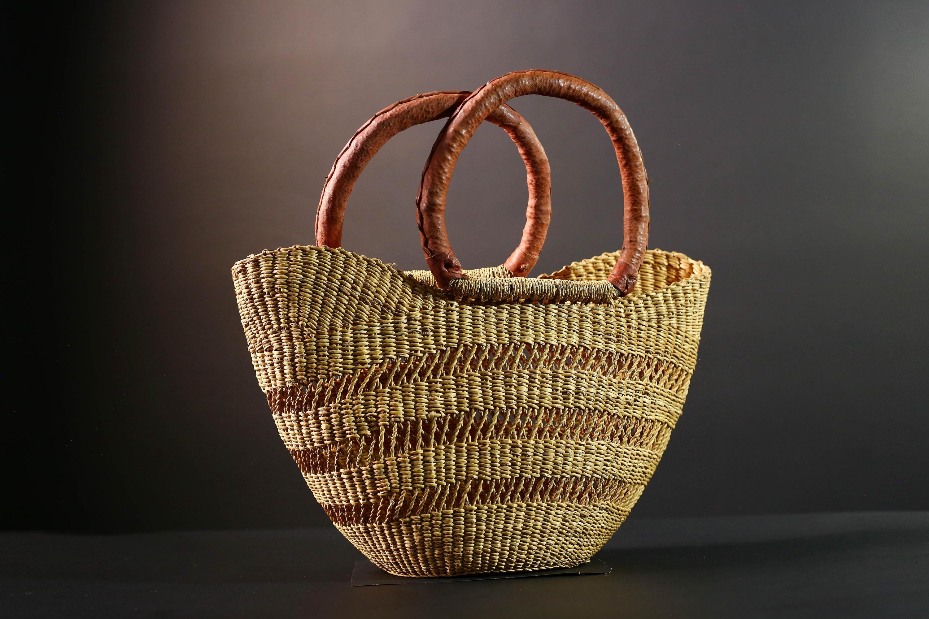 woven bolga market basket natural straw tote handmade ghana bag leather handle african decor shopping storage craft G5478