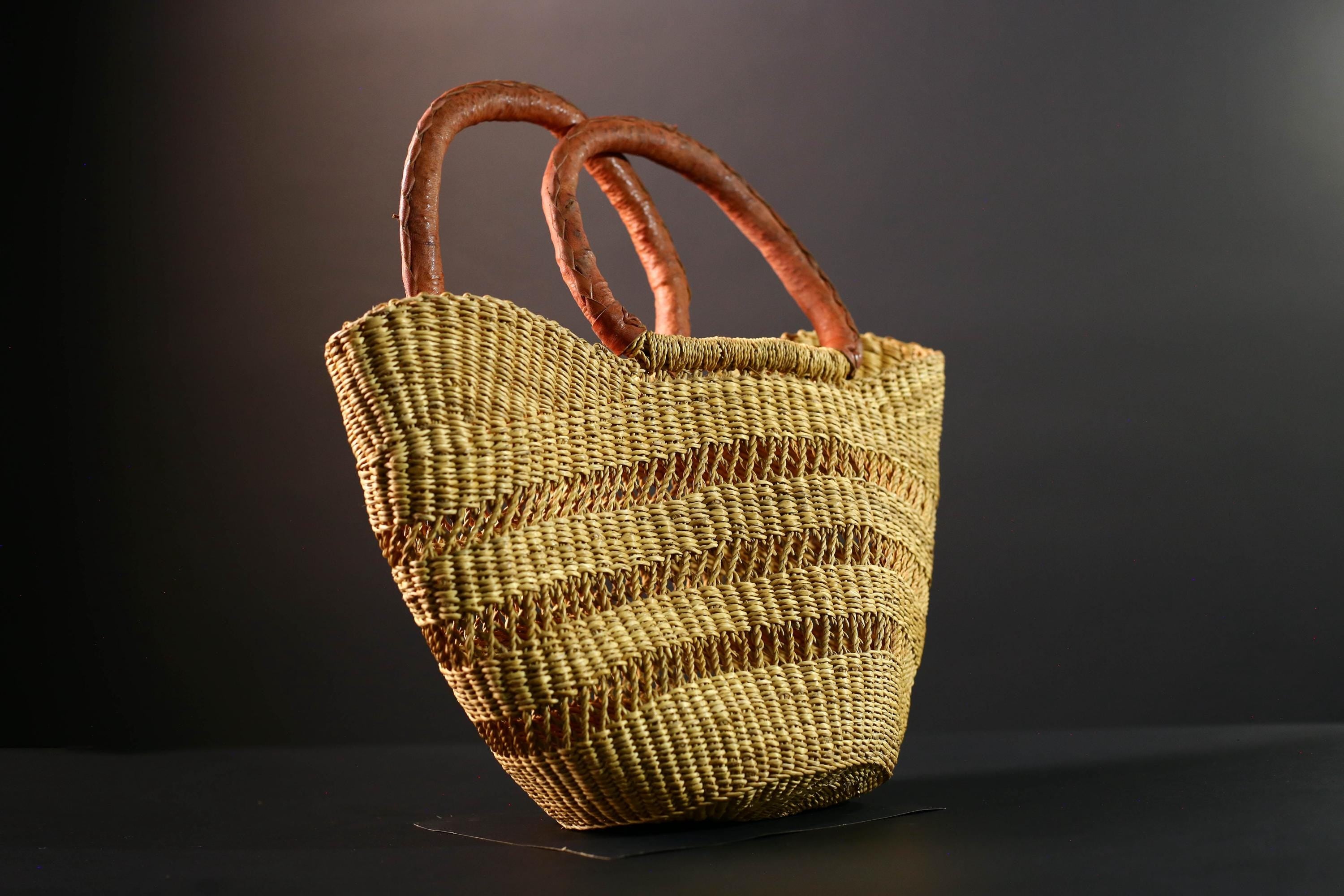 woven bolga market basket natural straw tote handmade ghana bag leather handle african decor shopping storage craft G5478