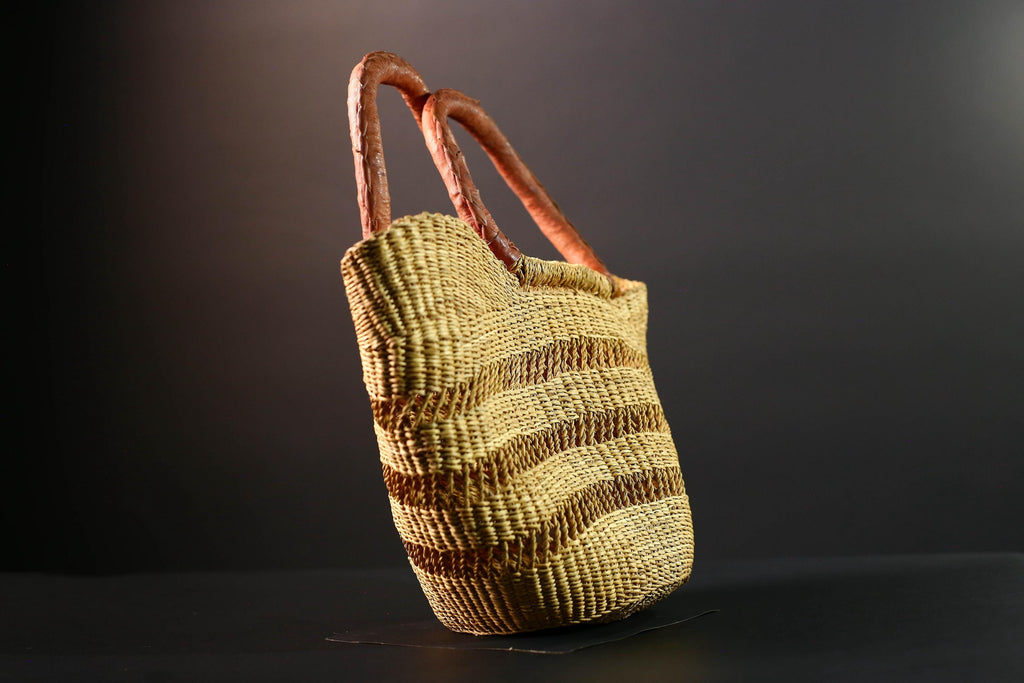 woven bolga market basket natural straw tote handmade ghana bag leather handle african decor shopping storage craft G5478