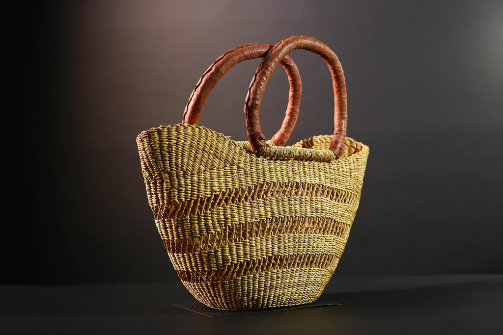 woven bolga market basket natural straw tote handmade ghana bag leather handle african decor shopping storage craft G5478