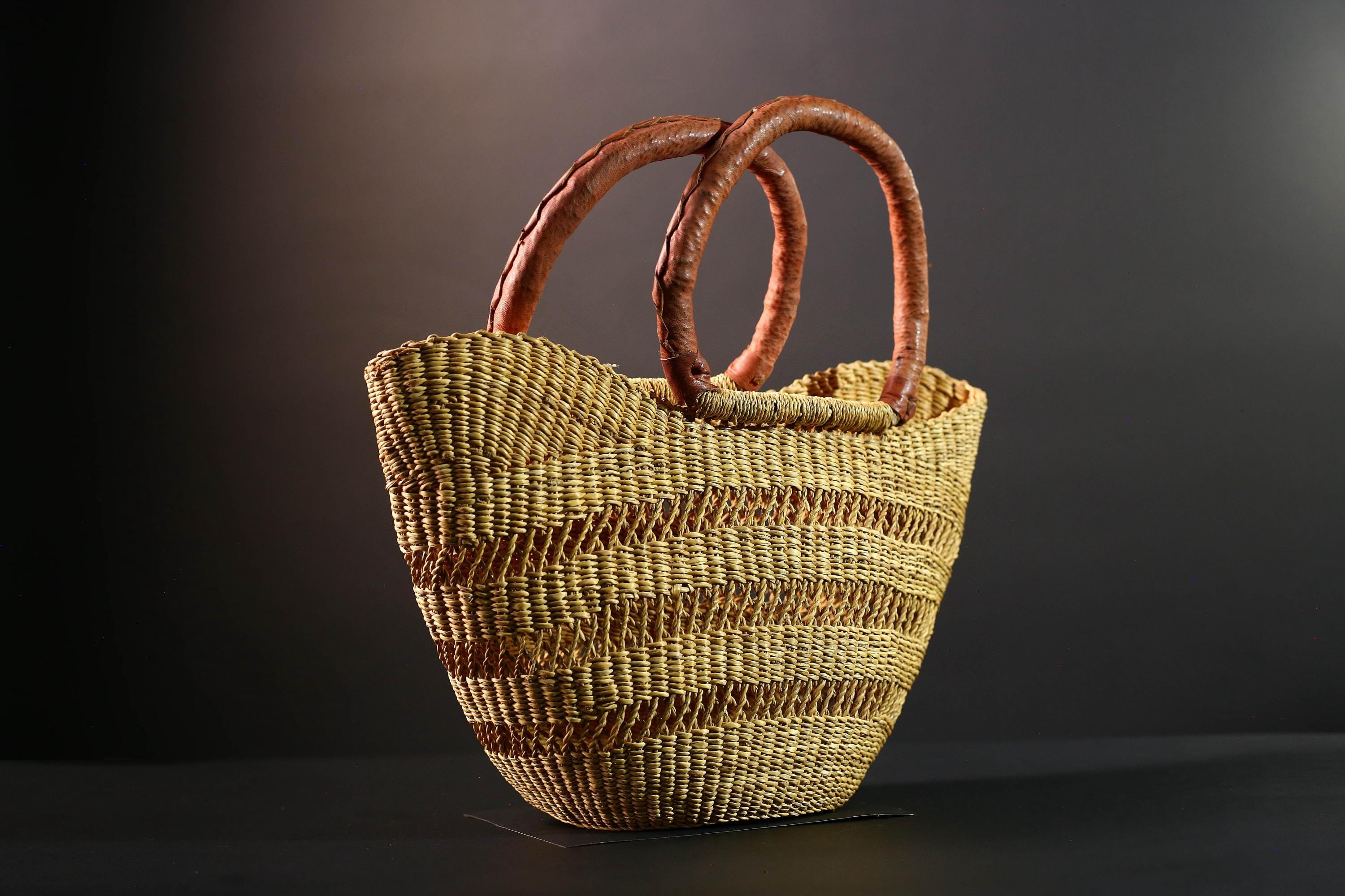 woven bolga market basket natural straw tote handmade ghana bag leather handle african decor shopping storage craft G5478