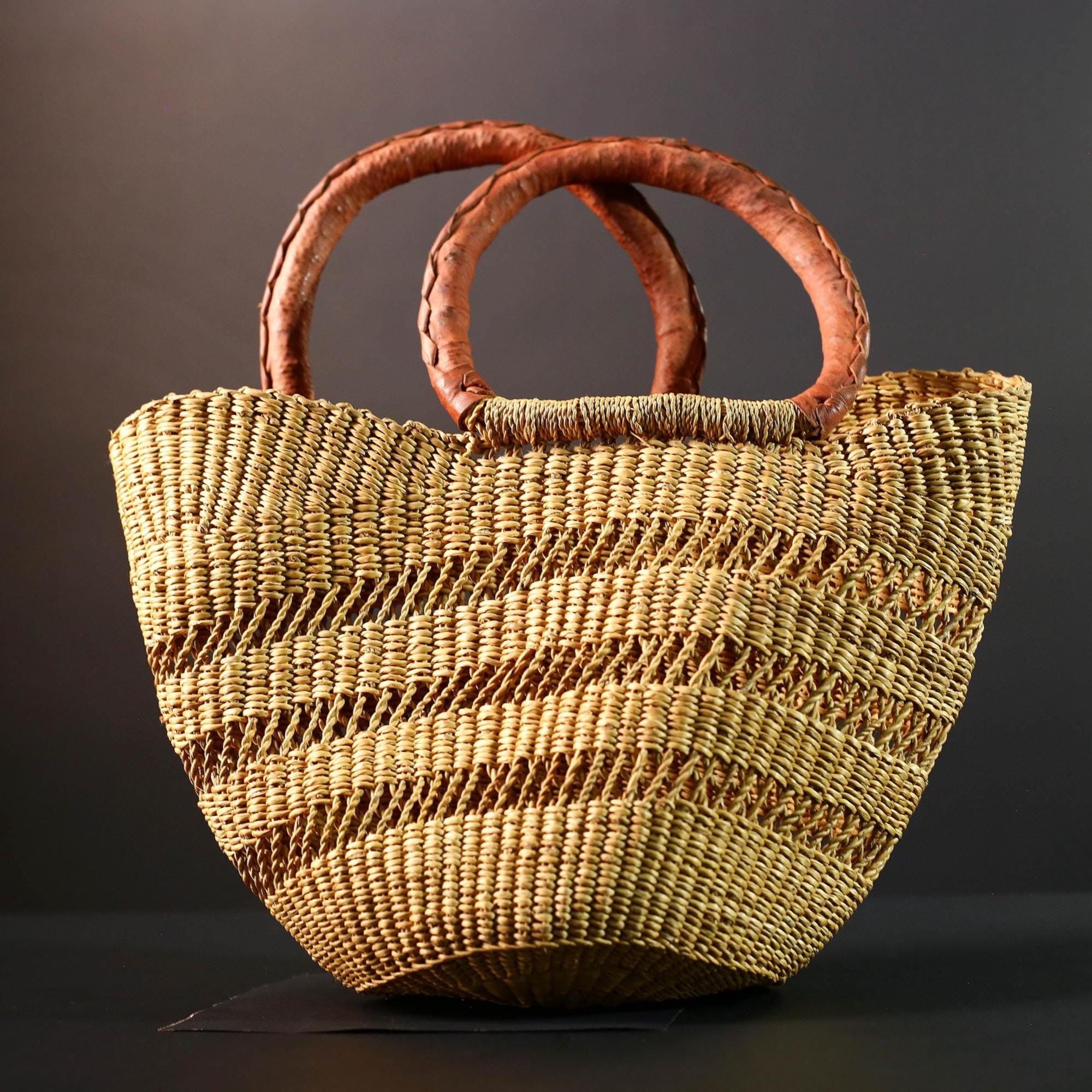 woven bolga market basket natural straw tote handmade ghana bag leather handle african decor shopping storage craft G5478