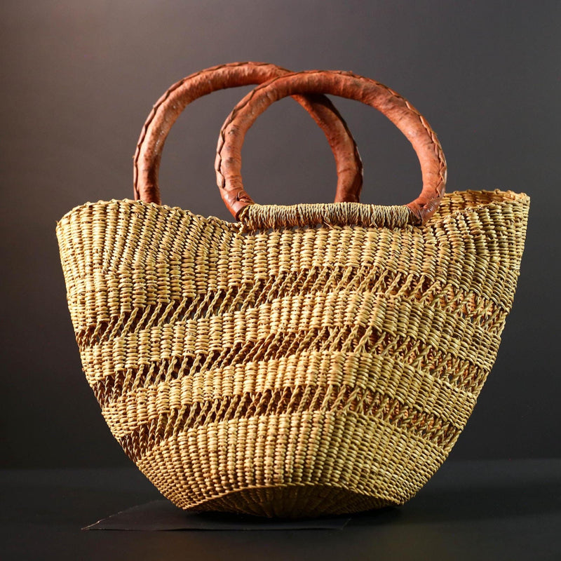 woven bolga market basket natural straw tote handmade ghana bag leather handle african decor shopping storage craft G5478